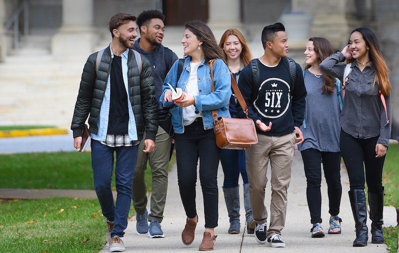 Students walking across campus