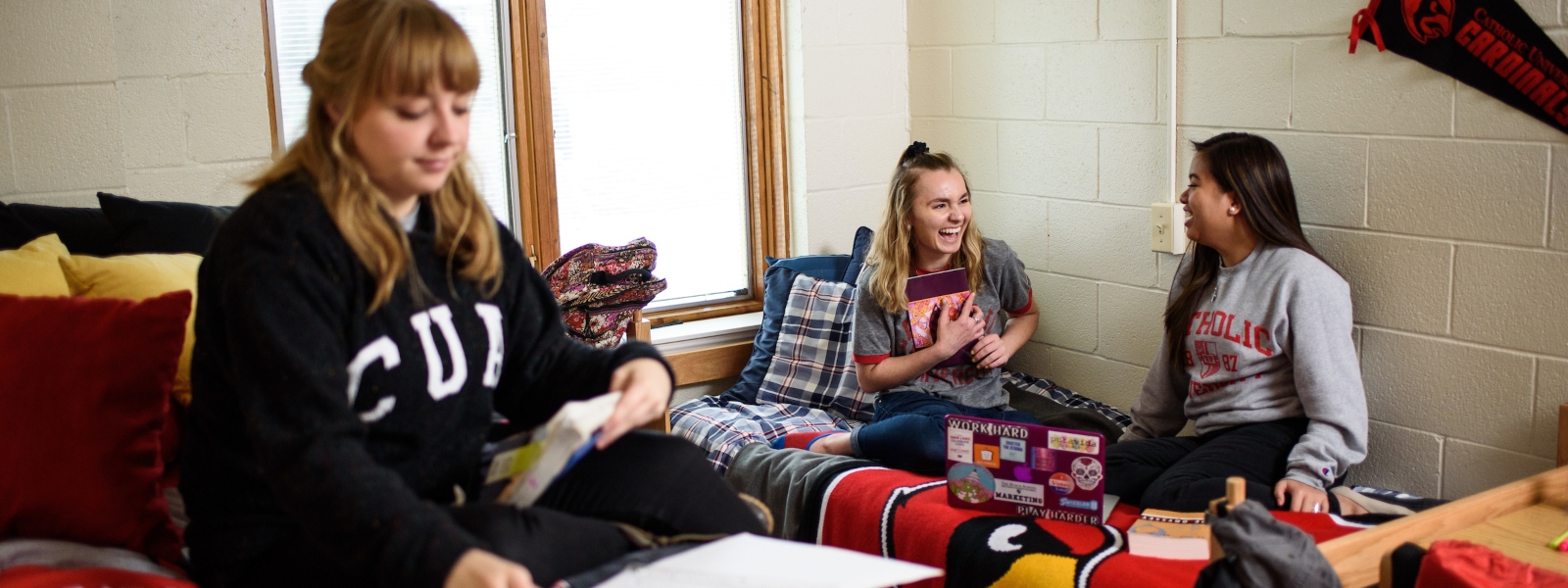 Female students in residence hall room