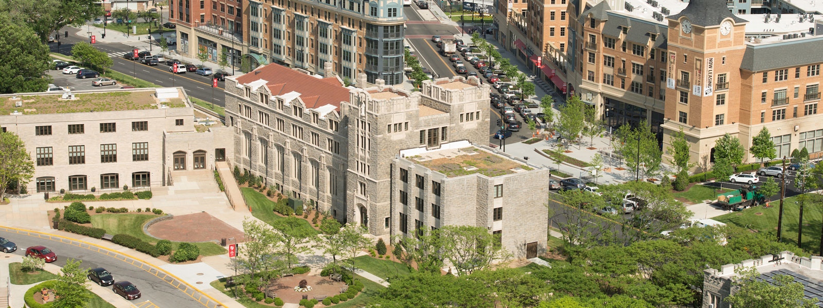 Overhead shot of on-campus and off-campus building