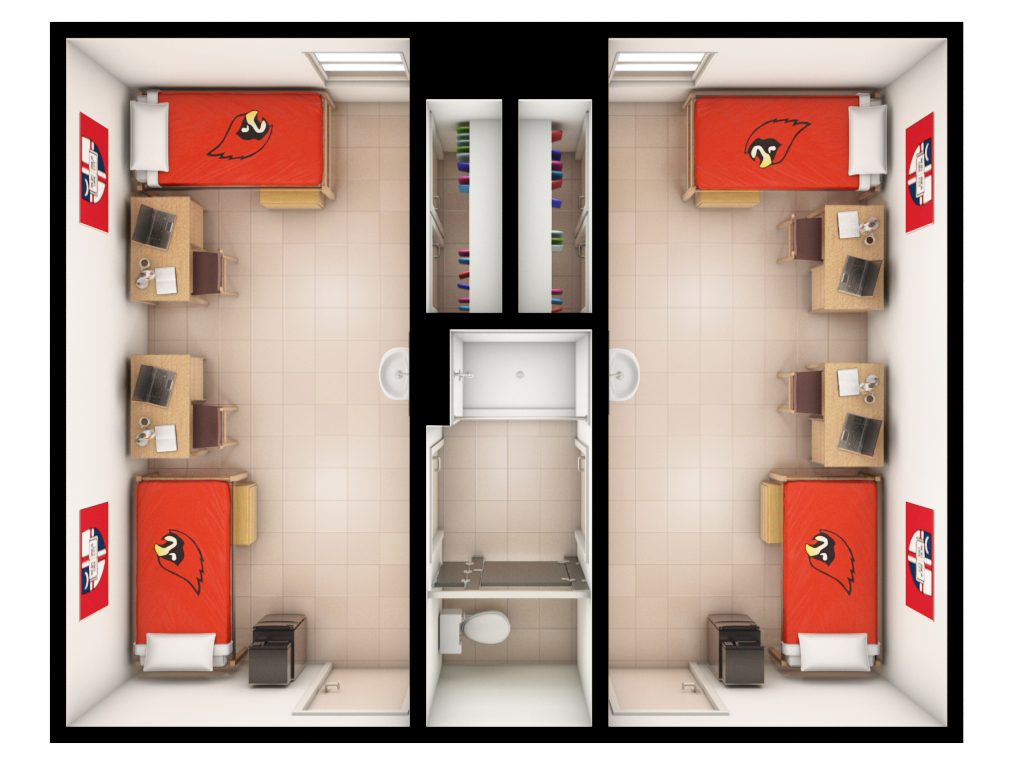 artistic depiction of double with bath floor plan from an aerial view