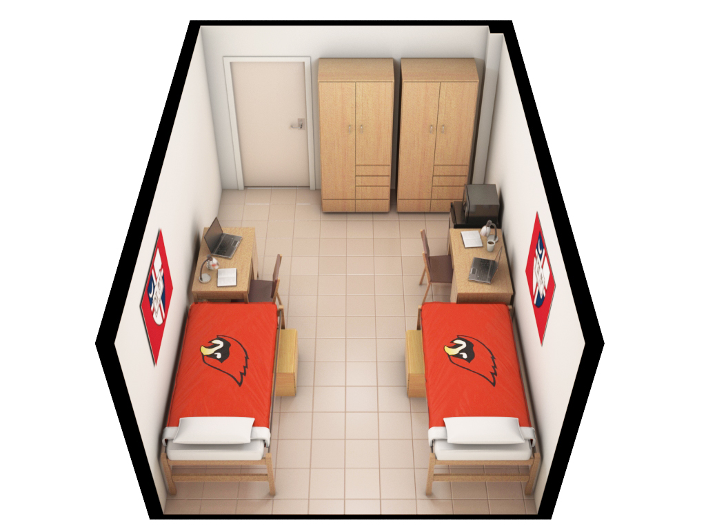 artistic depiction of double room floor plan side view