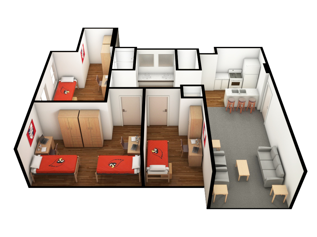 an artistic depiction of an apartment style unit from a side view