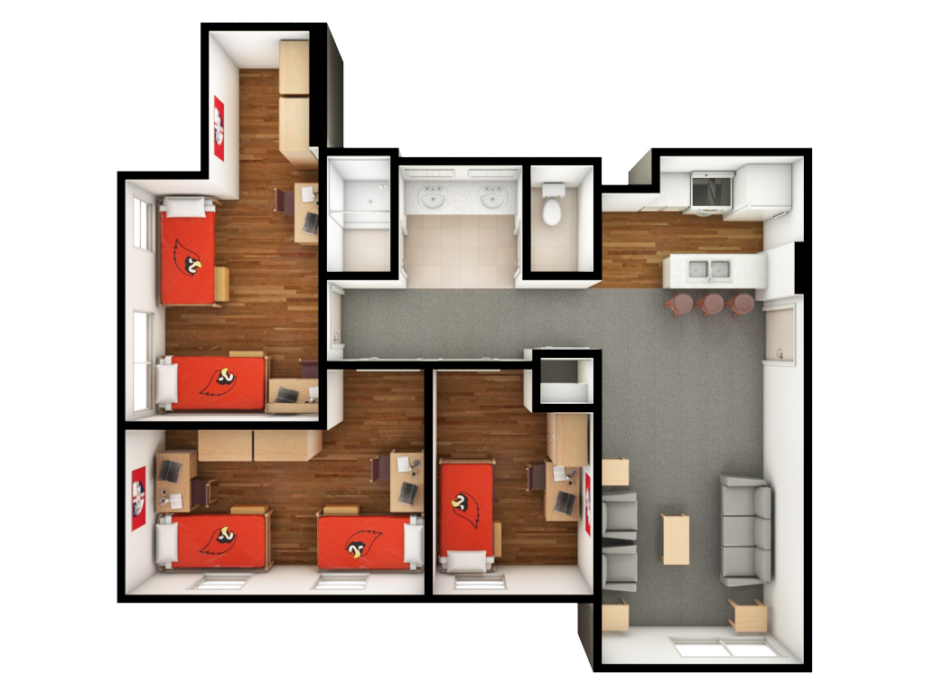 artistic depiction of apartment style unit from a top view