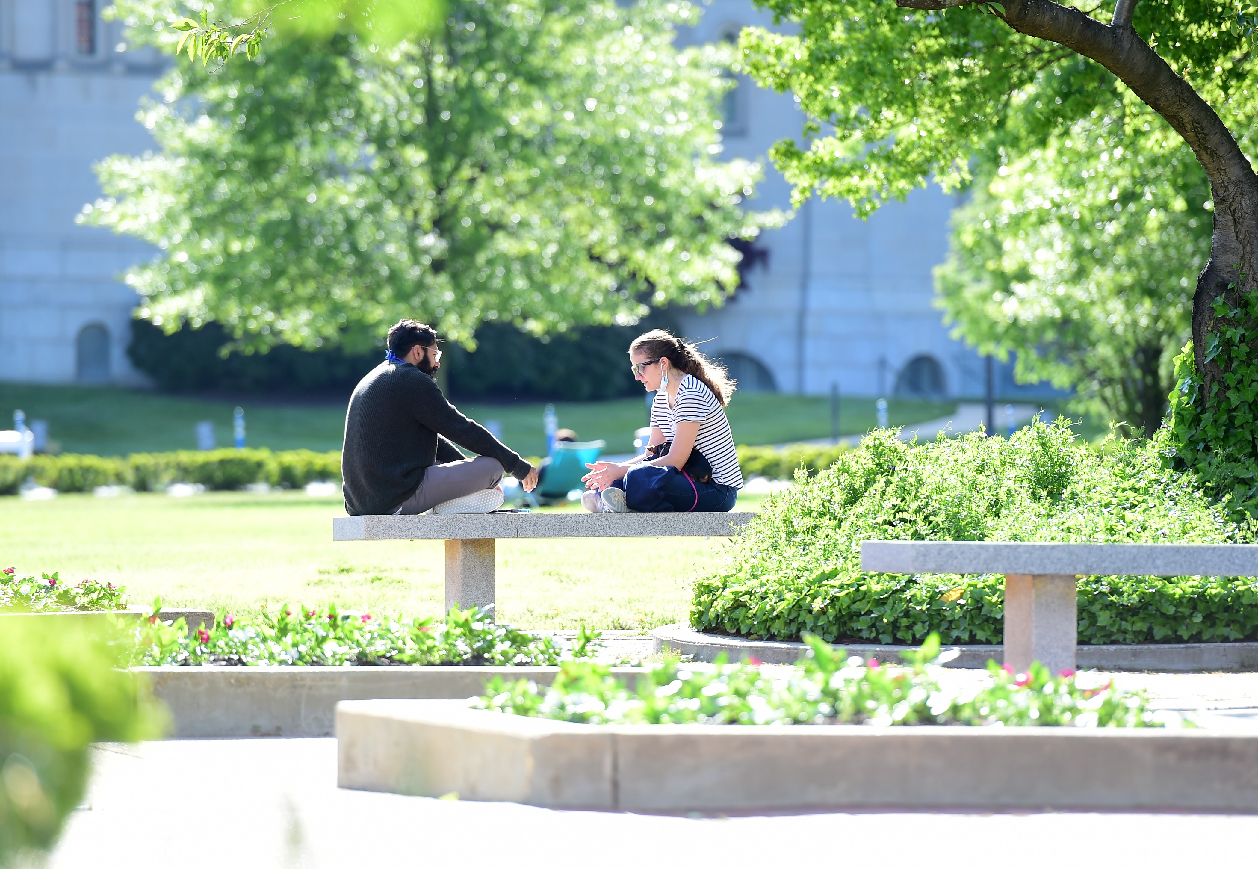 Two students talking on bench